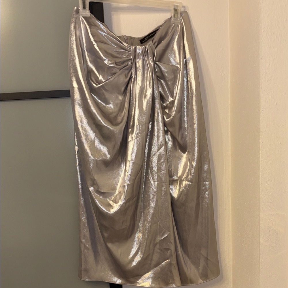 Zara Silver Gathered Midi Skirt